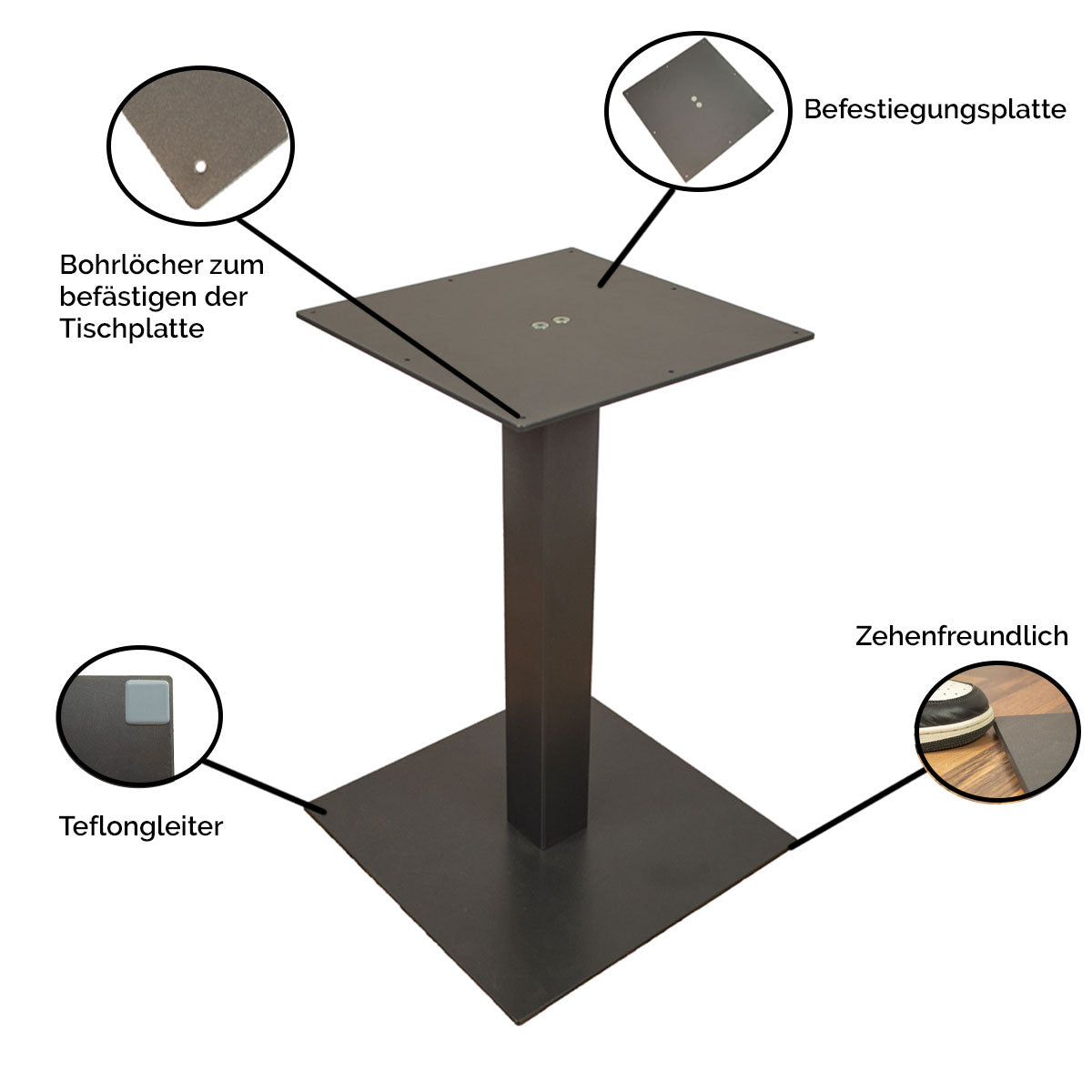 Schlichter Massivholz Tisch ‘Kurt’ in Eiche mit quadratischem Metallsäulengestell aus pulverbeschichtetem Eisen | Made in Südtirol