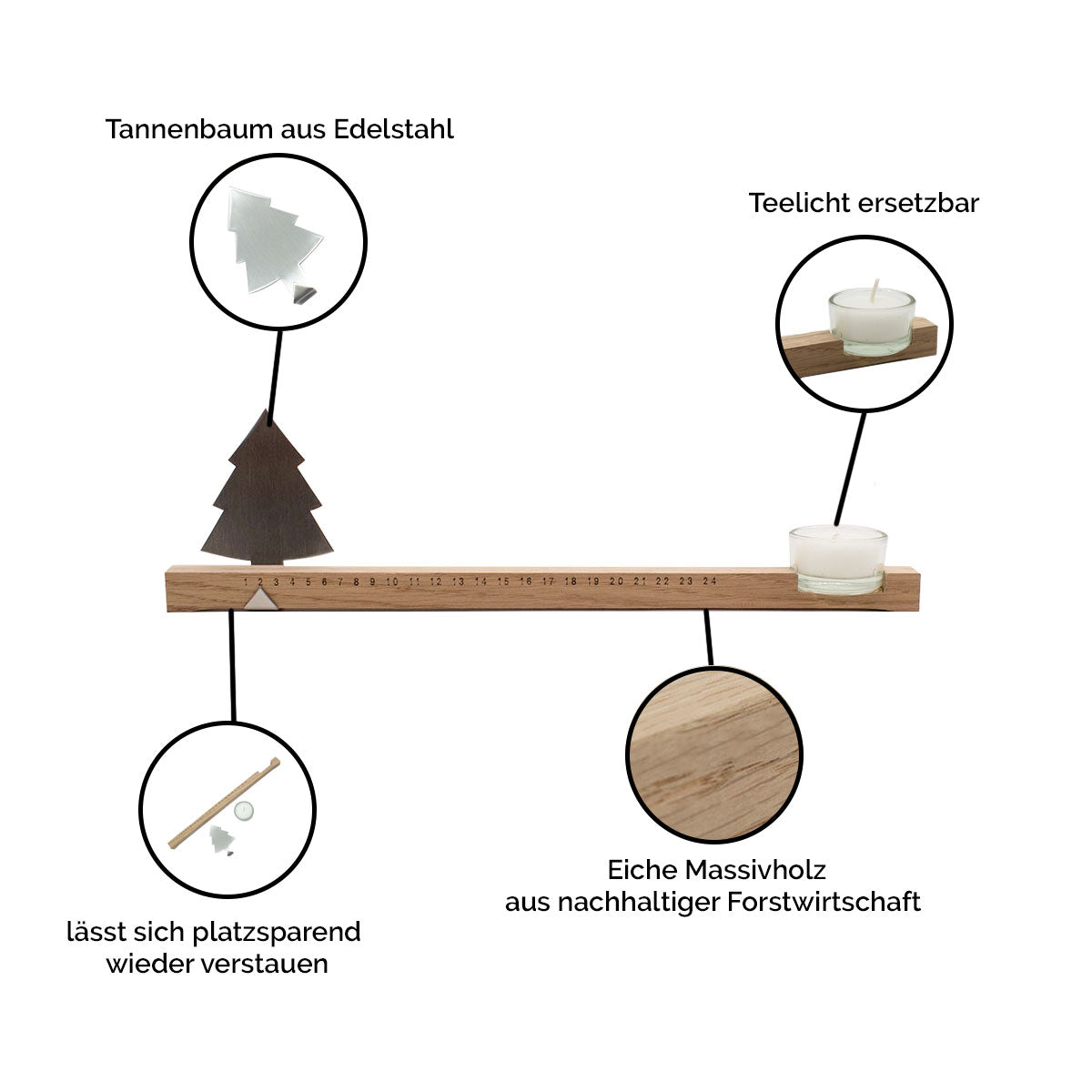 Minimalistischer Adventskalender | Eichenholz | mit Teelicht und Edelstahl Datumsanzeige