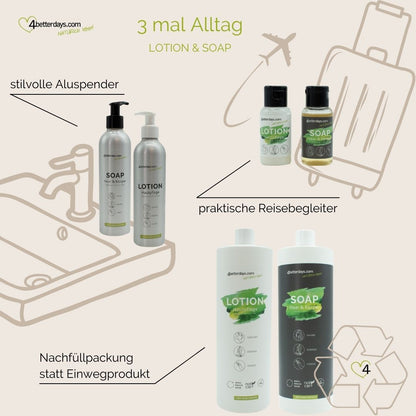 Pflege-Set Seifen | 30 ml + 250 ml + 1 L | 3-teilig | für Körper, Haar &amp; Hand  | Pure Green