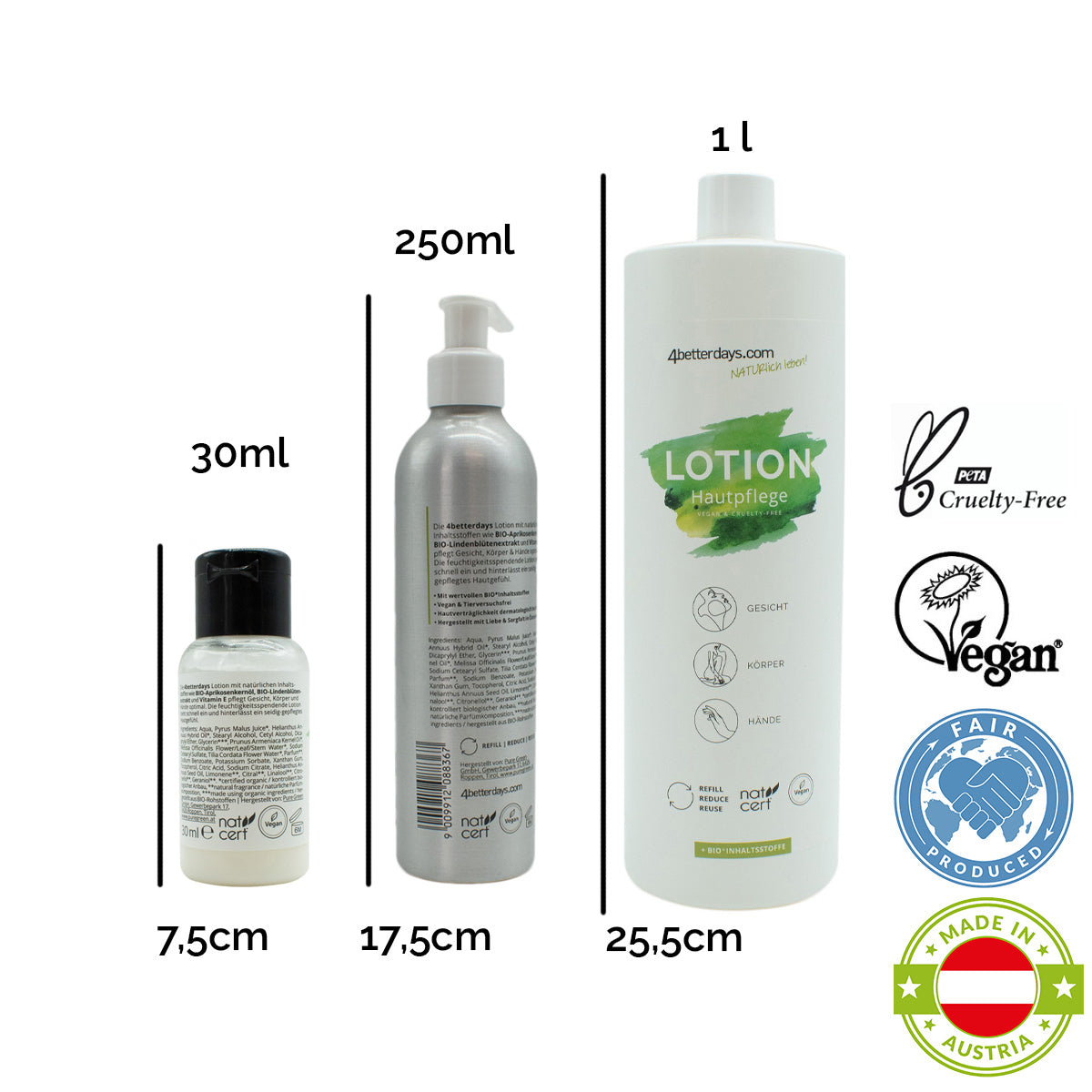 Set  Lotion | 30 ml + 250 ml + 1 L | 3-teilig | für Körper, Gesicht &amp; Hand | Pure Green