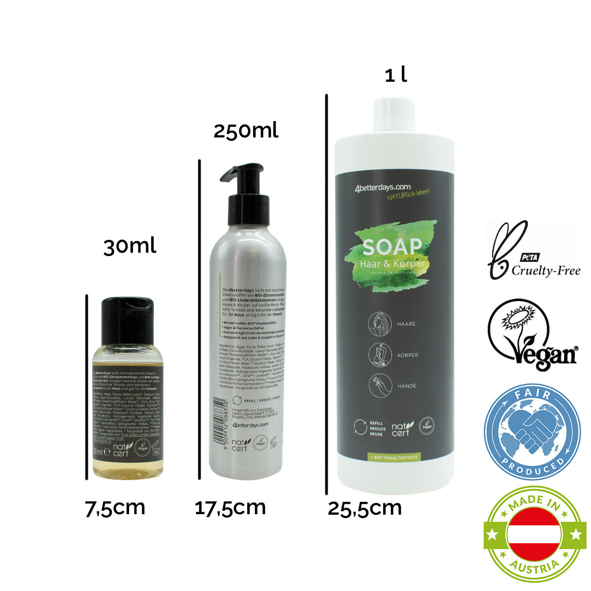 Pflege-Set Seifen | 30 ml + 250 ml + 1 L | 3-teilig | für Körper, Haar &amp; Hand  | Pure Green