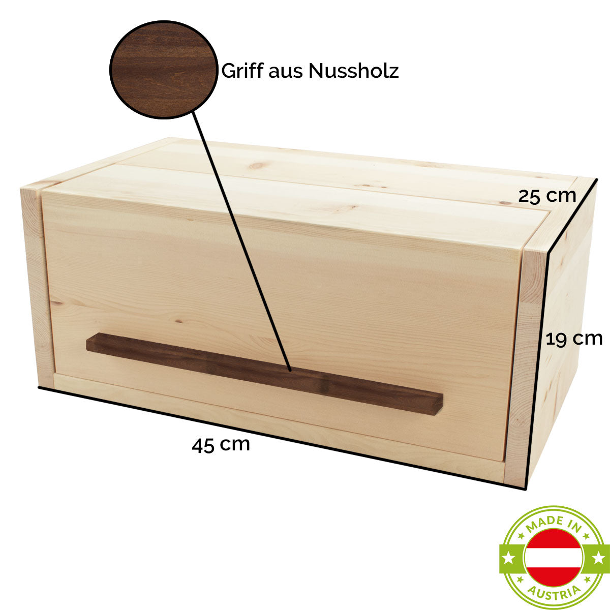 Brotkasten aus Zirbenholz | mit Nussgriff und Klappdeckel | 45 x 25 x 19 cm | inkl. Zirbenholz-Gitter
